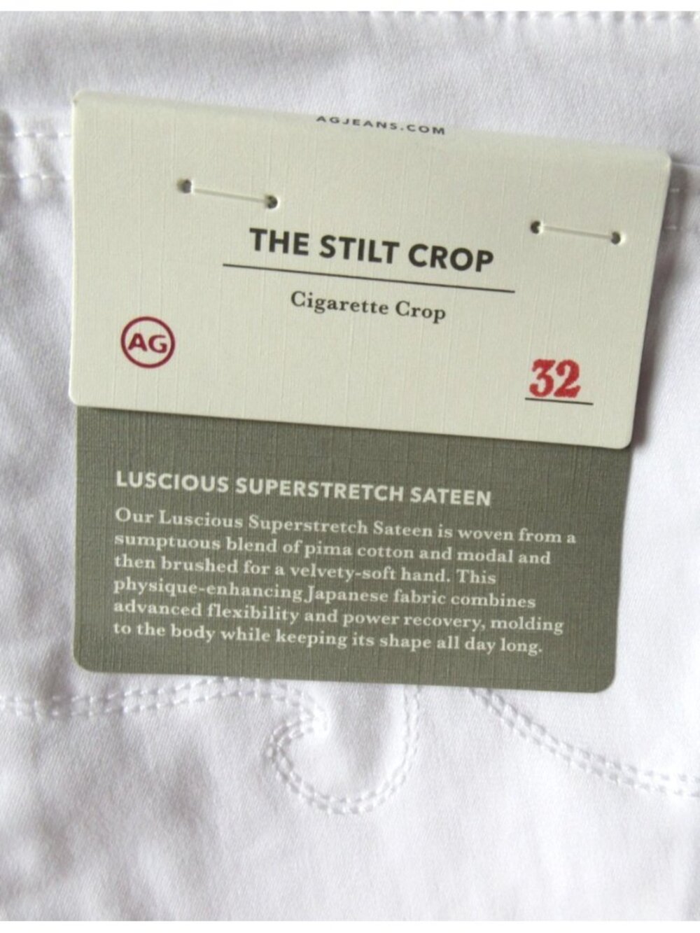 NWT AG Adriano Goldschmied Stilt in White Sateen Cigarette Crop Stretch Jeans 32 - Picture 8 of 8
